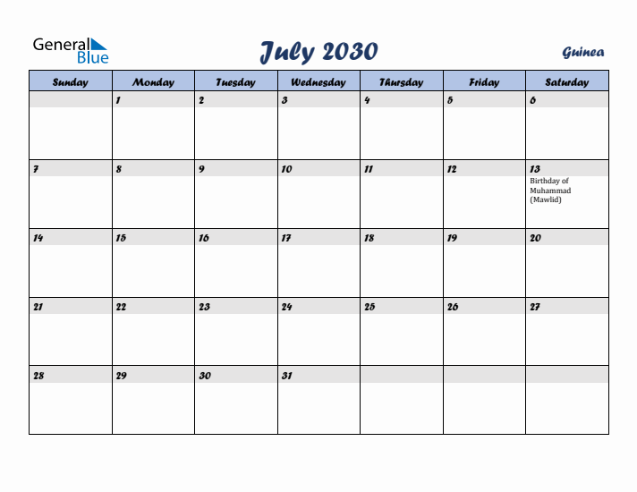 July 2030 Calendar with Holidays in Guinea