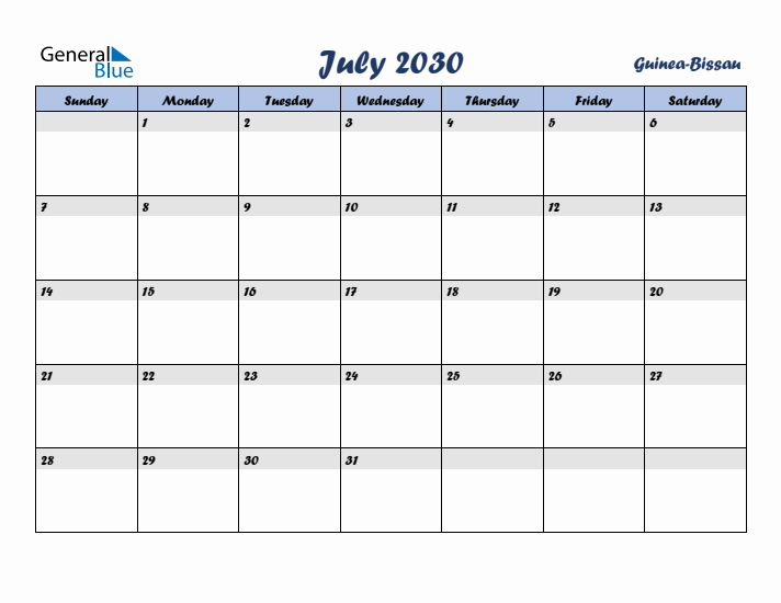 July 2030 Calendar with Holidays in Guinea-Bissau