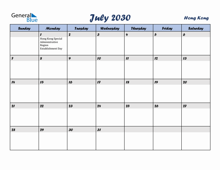 July 2030 Calendar with Holidays in Hong Kong