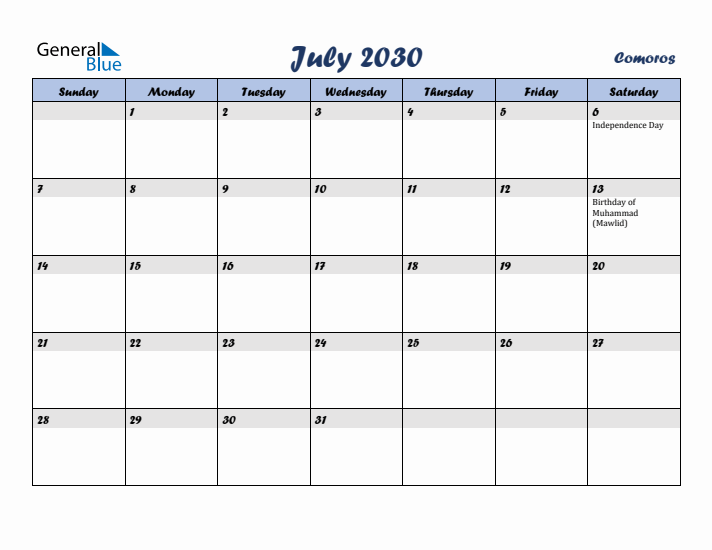 July 2030 Calendar with Holidays in Comoros