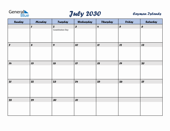July 2030 Calendar with Holidays in Cayman Islands