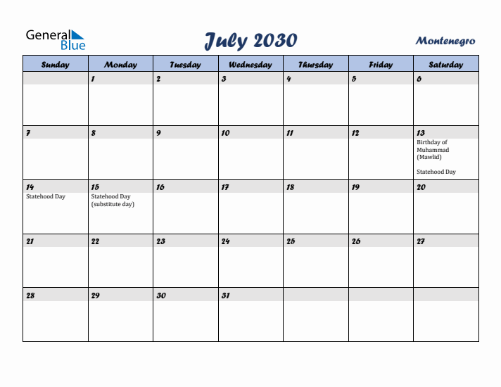 July 2030 Calendar with Holidays in Montenegro