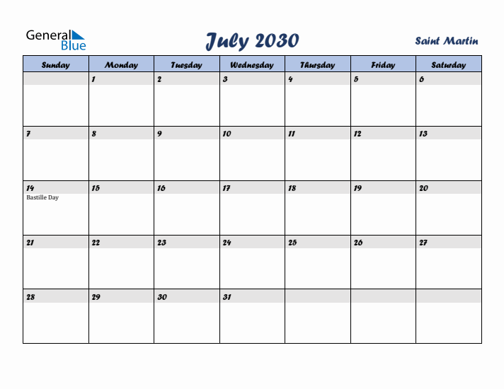 July 2030 Calendar with Holidays in Saint Martin