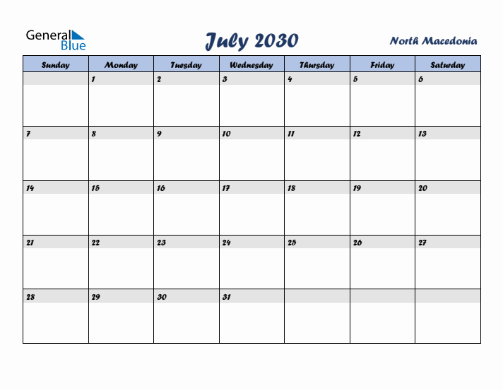 July 2030 Calendar with Holidays in North Macedonia
