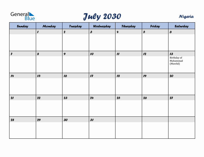 July 2030 Calendar with Holidays in Nigeria