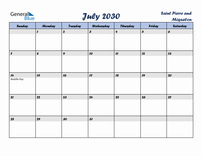July 2030 Calendar with Holidays in Saint Pierre and Miquelon