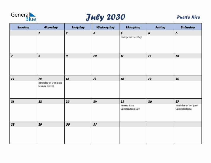 July 2030 Calendar with Holidays in Puerto Rico