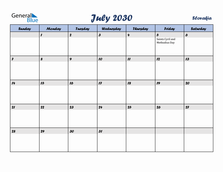 July 2030 Calendar with Holidays in Slovakia