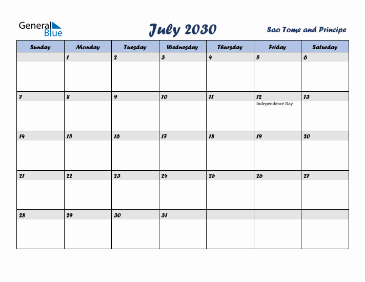 July 2030 Calendar with Holidays in Sao Tome and Principe