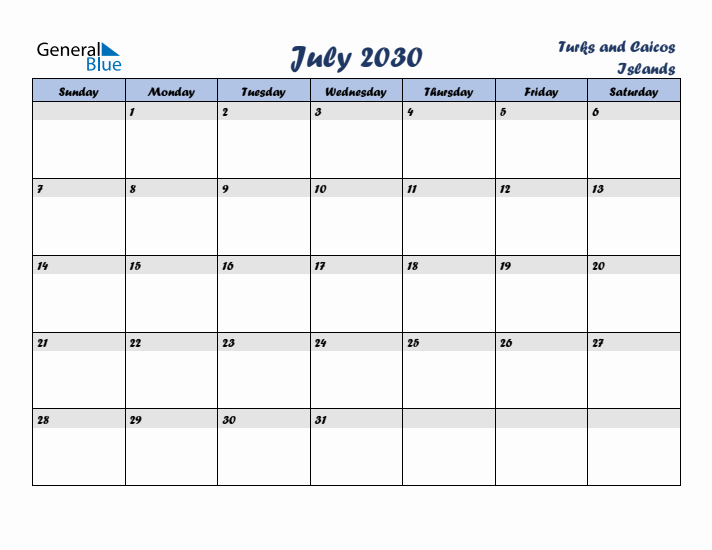 July 2030 Calendar with Holidays in Turks and Caicos Islands