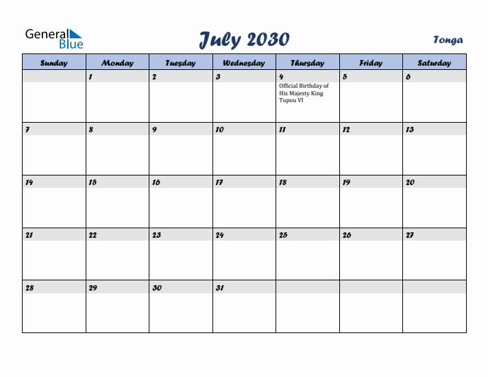 July 2030 Calendar with Holidays in Tonga