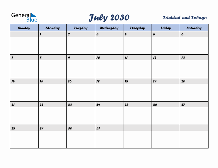 July 2030 Calendar with Holidays in Trinidad and Tobago