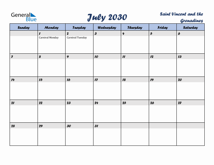 July 2030 Calendar with Holidays in Saint Vincent and the Grenadines