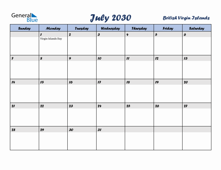 July 2030 Calendar with Holidays in British Virgin Islands
