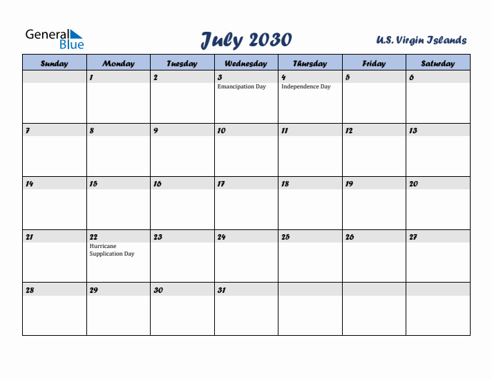 July 2030 Calendar with Holidays in U.S. Virgin Islands