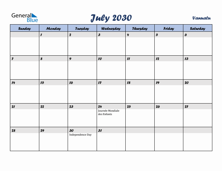 July 2030 Calendar with Holidays in Vanuatu