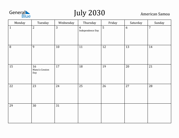 July 2030 Calendar American Samoa