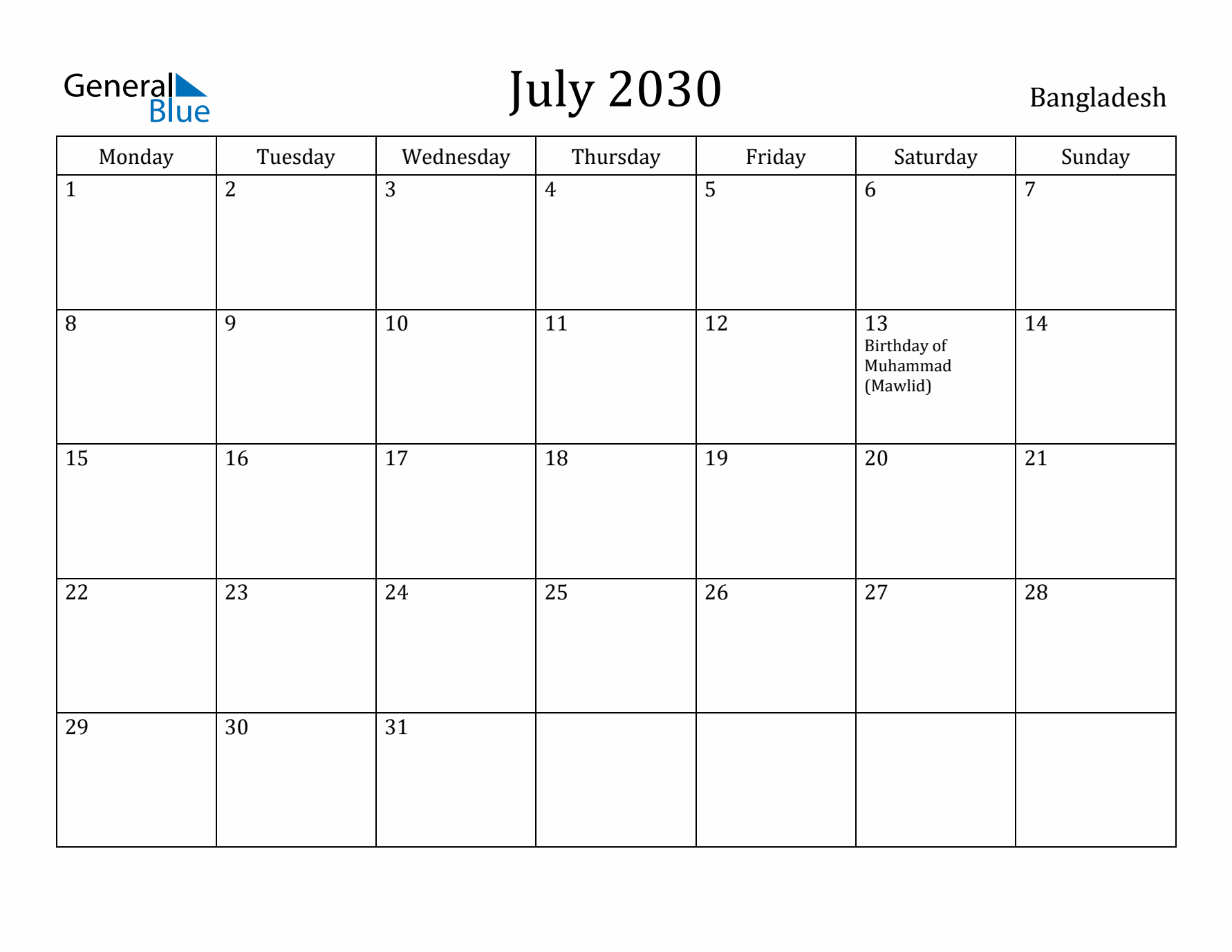 July 2030 Calendar Bangladesh