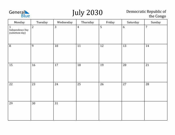 July 2030 Calendar Democratic Republic of the Congo