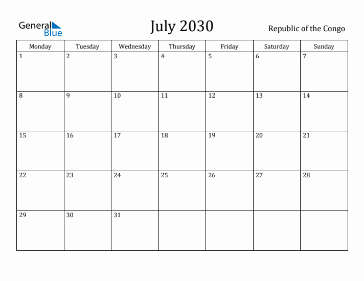 July 2030 Calendar Republic of the Congo