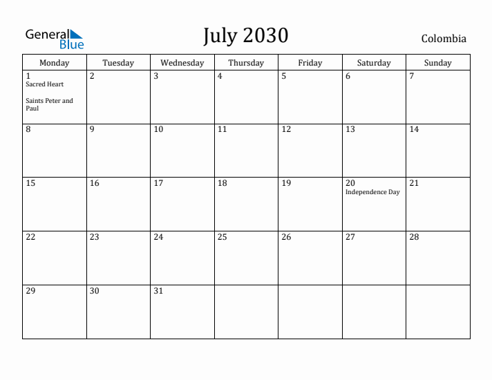 July 2030 Calendar Colombia