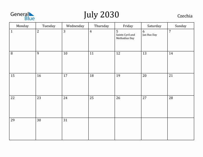 July 2030 Calendar Czechia