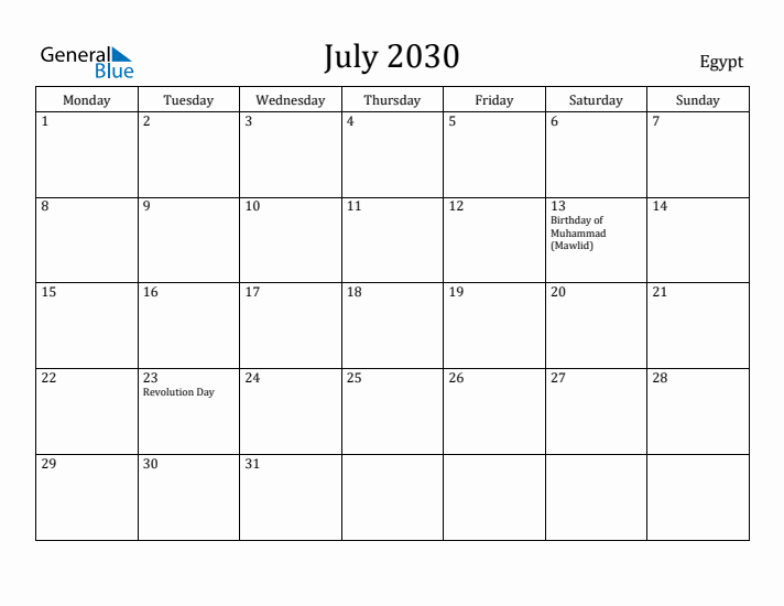 July 2030 Calendar Egypt