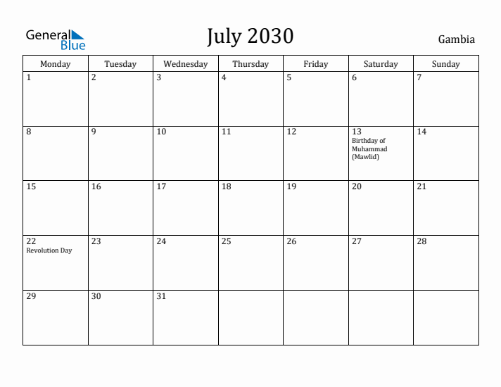 July 2030 Calendar Gambia