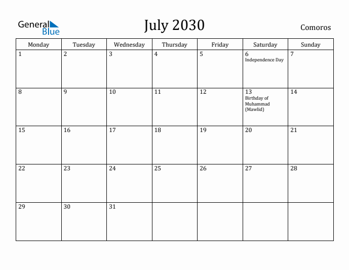 July 2030 Calendar Comoros