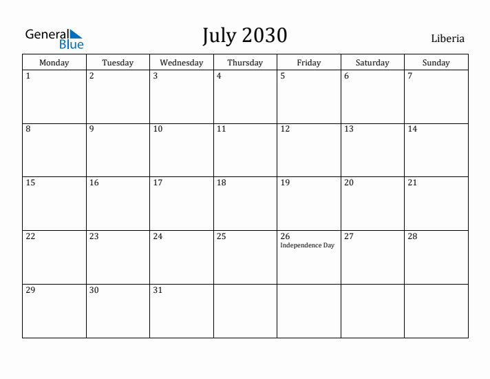 July 2030 Calendar Liberia