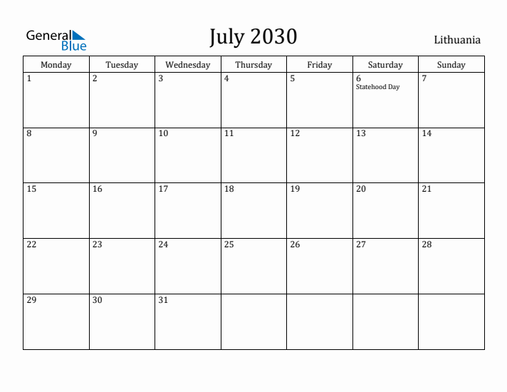 July 2030 Calendar Lithuania