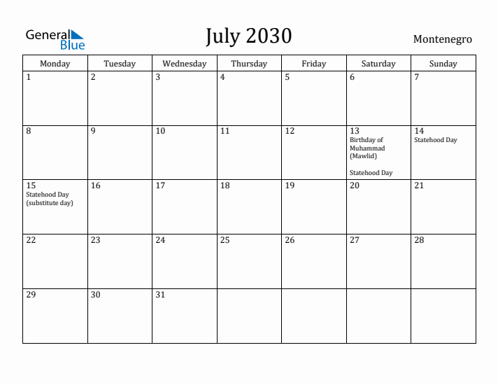 July 2030 Calendar Montenegro