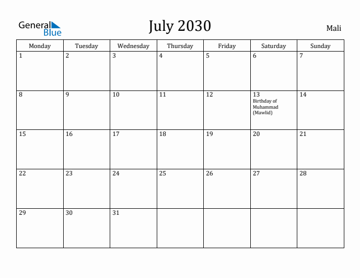 July 2030 Calendar Mali