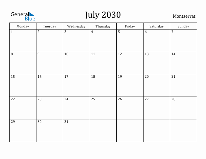 July 2030 Calendar Montserrat