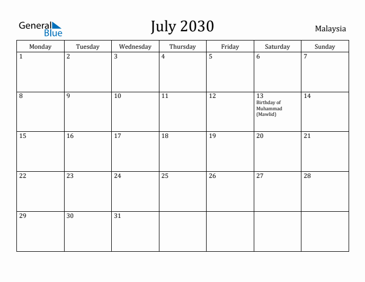 July 2030 Calendar Malaysia