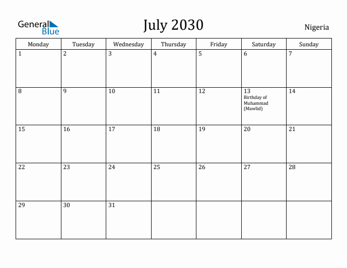 July 2030 Calendar Nigeria