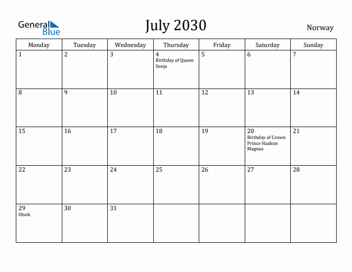 July 2030 Calendar Norway