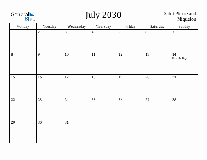 July 2030 Calendar Saint Pierre and Miquelon
