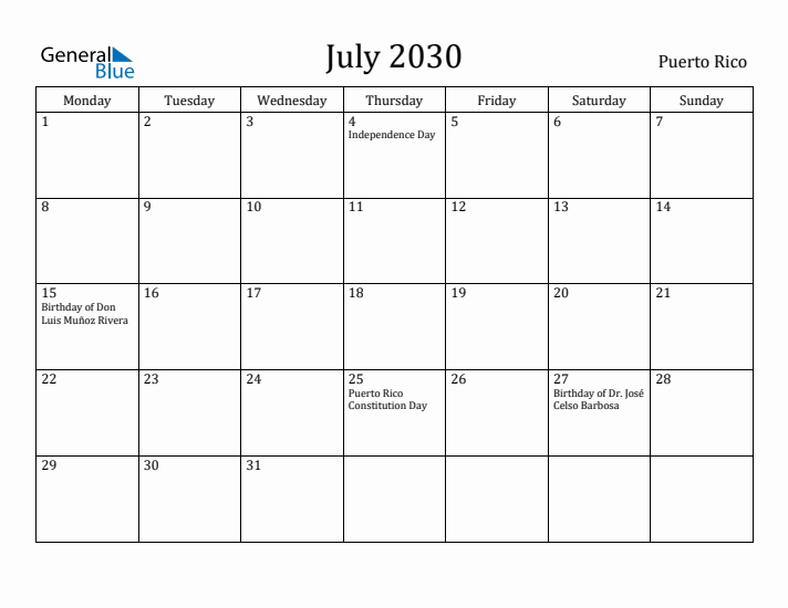 July 2030 Calendar Puerto Rico