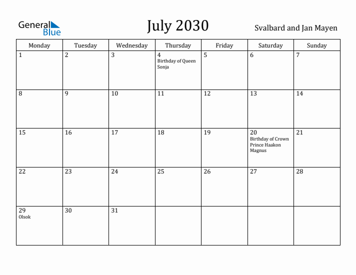 July 2030 Calendar Svalbard and Jan Mayen