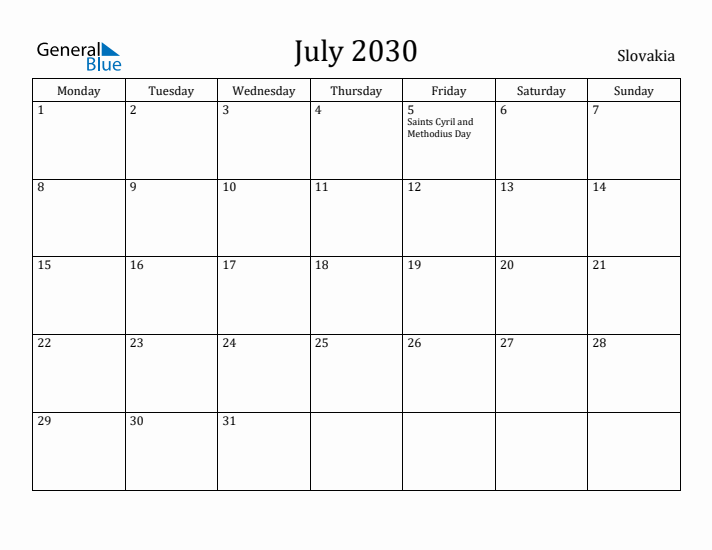 July 2030 Calendar Slovakia