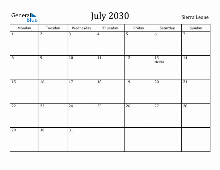 July 2030 Calendar Sierra Leone