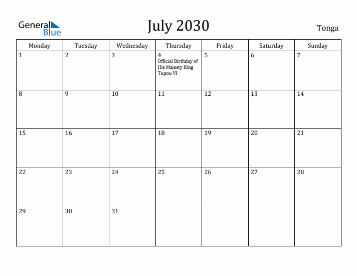 July 2030 Calendar Tonga