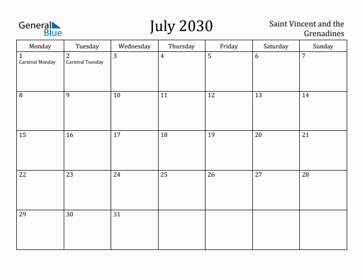 July 2030 Calendar Saint Vincent and the Grenadines
