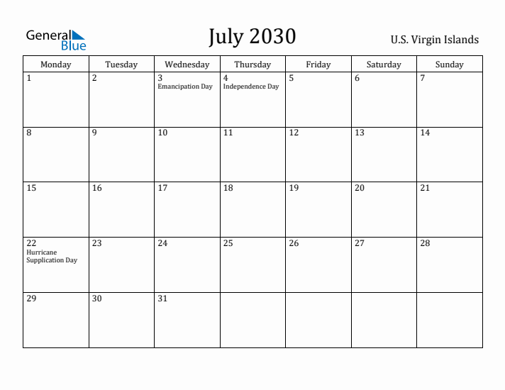 July 2030 Calendar U.S. Virgin Islands