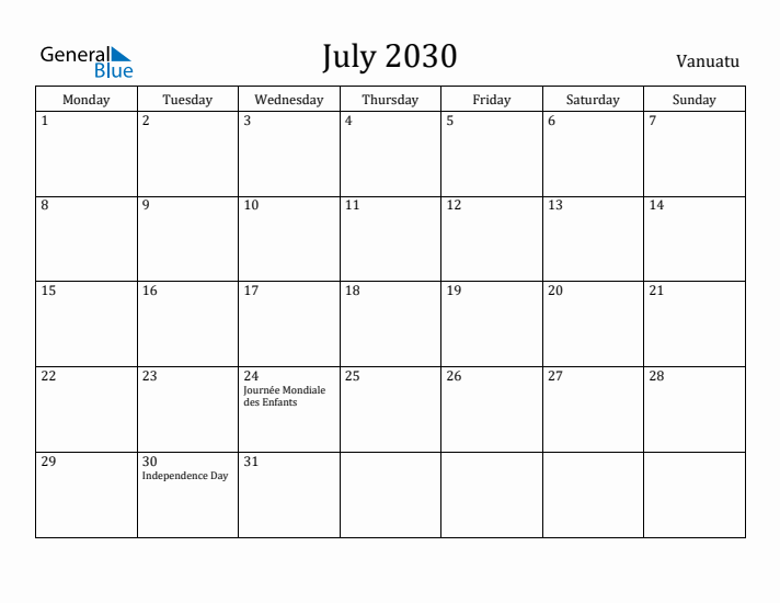 July 2030 Calendar Vanuatu
