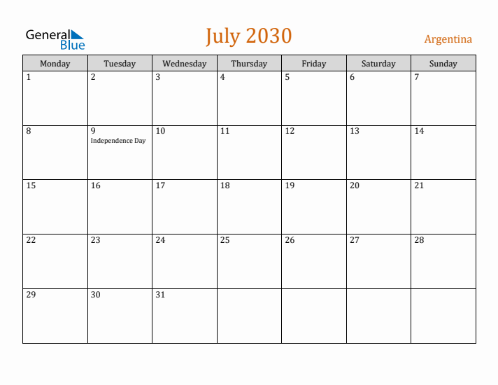 July 2030 Holiday Calendar with Monday Start