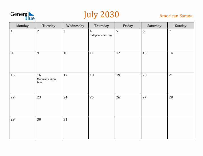 July 2030 Holiday Calendar with Monday Start