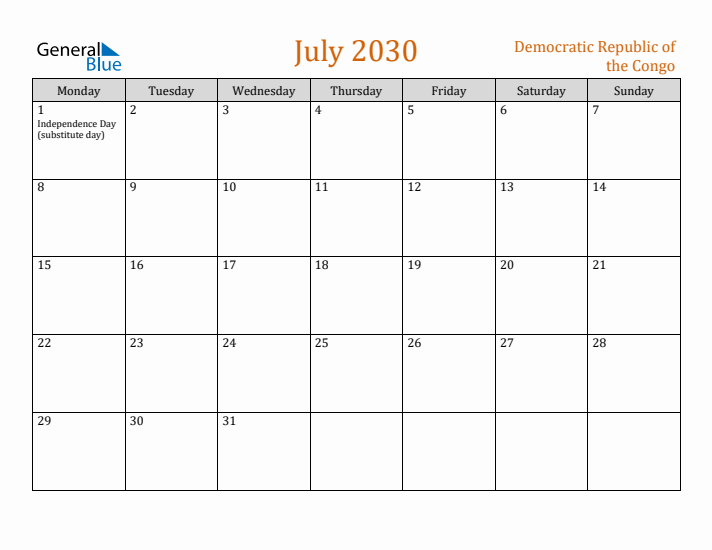 July 2030 Holiday Calendar with Monday Start