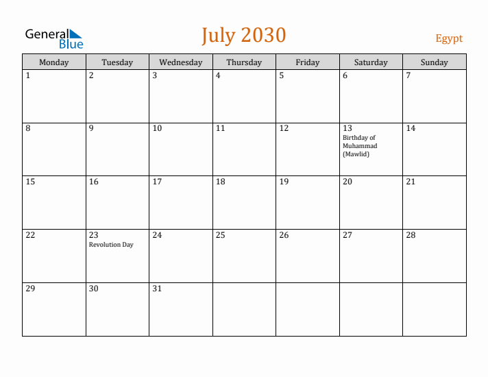 July 2030 Holiday Calendar with Monday Start